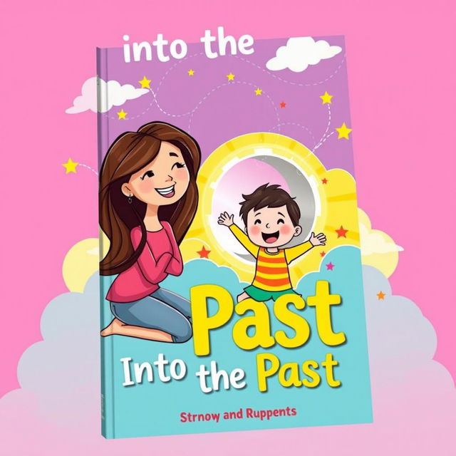 A colorful and playful book cover titled 'Into the Past', featuring a modern cartoon style illustration of a mother and child