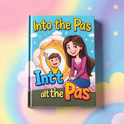 A colorful and playful book cover titled 'Into the Past', featuring a modern cartoon style illustration of a mother and child
