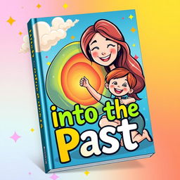 A colorful and playful book cover titled 'Into the Past', featuring a modern cartoon style illustration of a mother and child