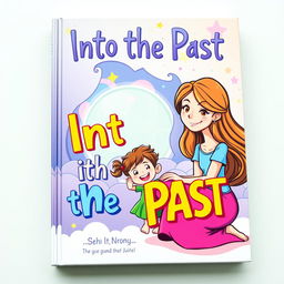 A colorful and playful book cover titled 'Into the Past', featuring a modern cartoon style illustration of a mother and child