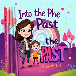 A vibrant book cover titled 'Into the Past', featuring a modern cartoon illustration of a mother and her adolescent child