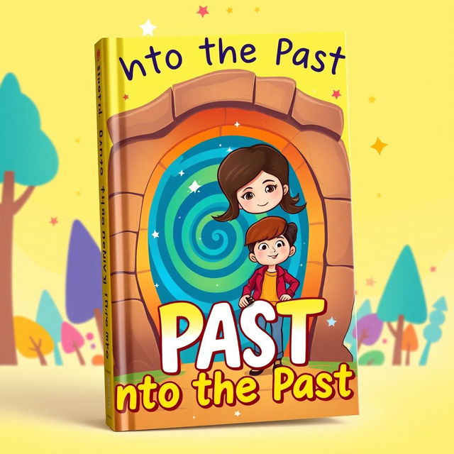 A vibrant book cover titled 'Into the Past', featuring a modern cartoon illustration of a mother and her adolescent child