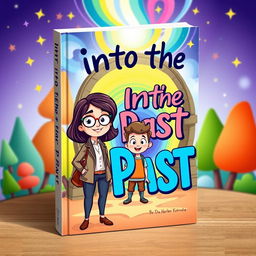A vibrant book cover titled 'Into the Past', featuring a modern cartoon illustration of a mother and her adolescent child