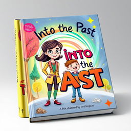 A vibrant book cover titled 'Into the Past', featuring a modern cartoon illustration of a mother and her adolescent child