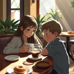 A young boy with curious eyes watching a girl at a café sipping her coffee, with sunlight streaming through a window, casting soft shadows on the table
