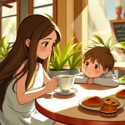 A young boy with curious eyes watching a girl at a café sipping her coffee, with sunlight streaming through a window, casting soft shadows on the table