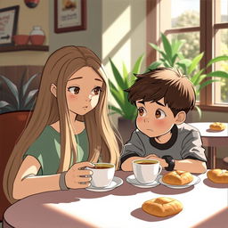 A young boy with curious eyes watching a girl at a café sipping her coffee, with sunlight streaming through a window, casting soft shadows on the table