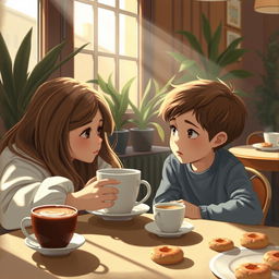 A young boy with curious eyes watching a girl at a café sipping her coffee, with sunlight streaming through a window, casting soft shadows on the table