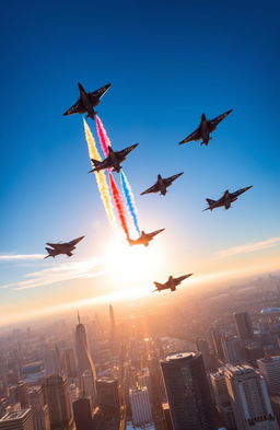A stunning and dynamic scene showcasing a fleet of fighter jets soaring through a vibrant blue sky, leaving colorful contrails behind them