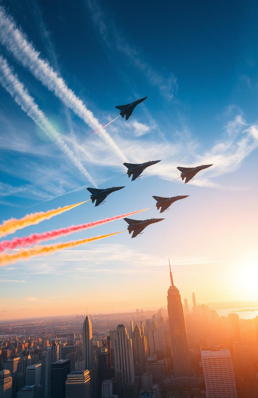 A stunning and dynamic scene showcasing a fleet of fighter jets soaring through a vibrant blue sky, leaving colorful contrails behind them