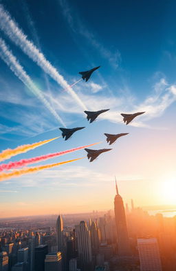 A stunning and dynamic scene showcasing a fleet of fighter jets soaring through a vibrant blue sky, leaving colorful contrails behind them