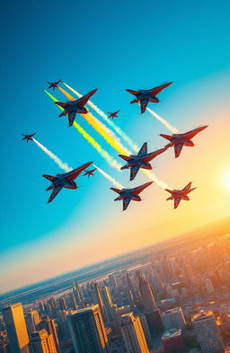 A stunning and dynamic scene showcasing a fleet of fighter jets soaring through a vibrant blue sky, leaving colorful contrails behind them