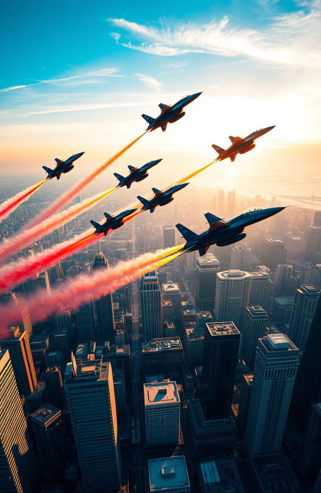 A stunning and dynamic scene showcasing a fleet of fighter jets soaring through a vibrant blue sky, leaving colorful contrails behind them