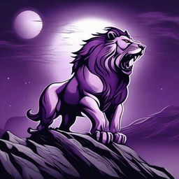 2D profile of a roaring lion in tattoo style on a cliff with a background of a stormy purple night sky featuring a full moon.