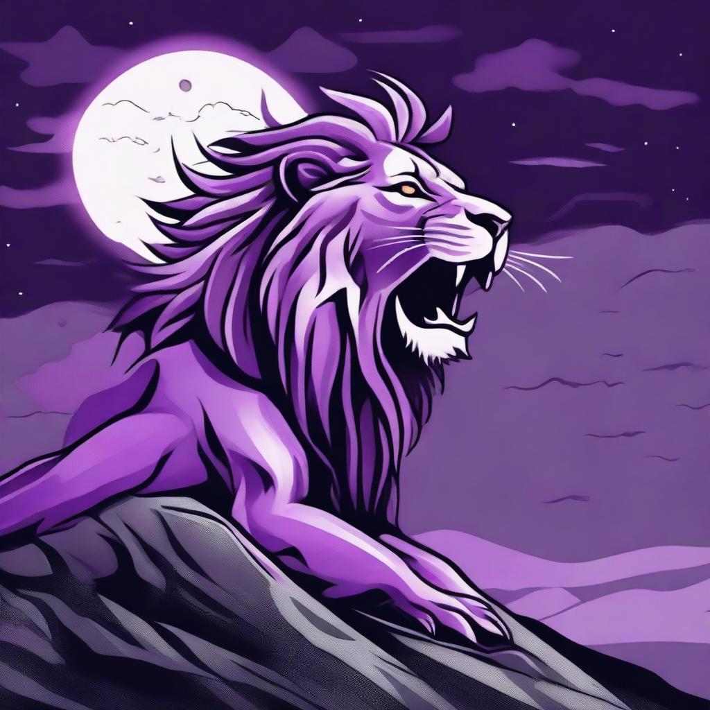 2D profile of a roaring lion in tattoo style on a cliff with a background of a stormy purple night sky featuring a full moon.