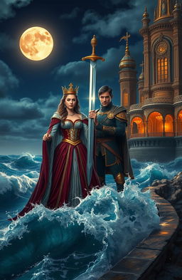 A regal queen holding a gleaming sword, standing confidently next to a noble prince