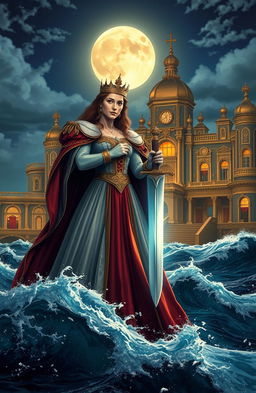 A regal queen holding a gleaming sword, standing confidently next to a noble prince
