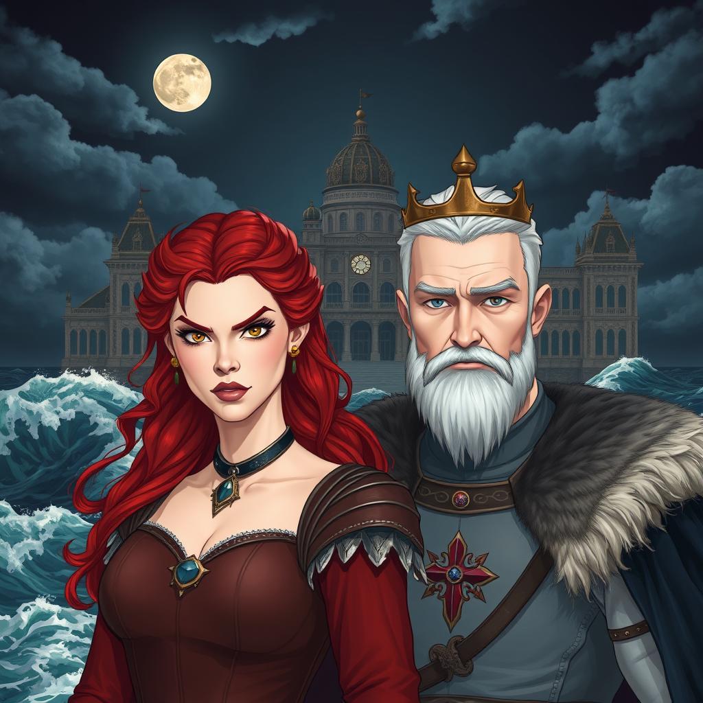 A fierce red-haired queen with striking features and a short-haired white king beside her, both having fair skin