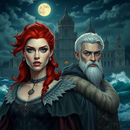 A fierce red-haired queen with striking features and a short-haired white king beside her, both having fair skin