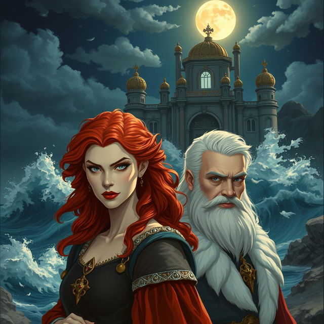 A fierce red-haired queen with striking features and a short-haired white king beside her, both having fair skin