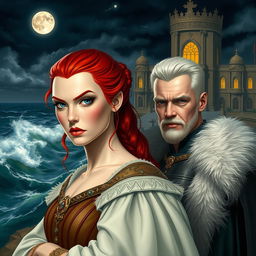 A fierce red-haired queen with striking features and a short-haired white king beside her, both having fair skin