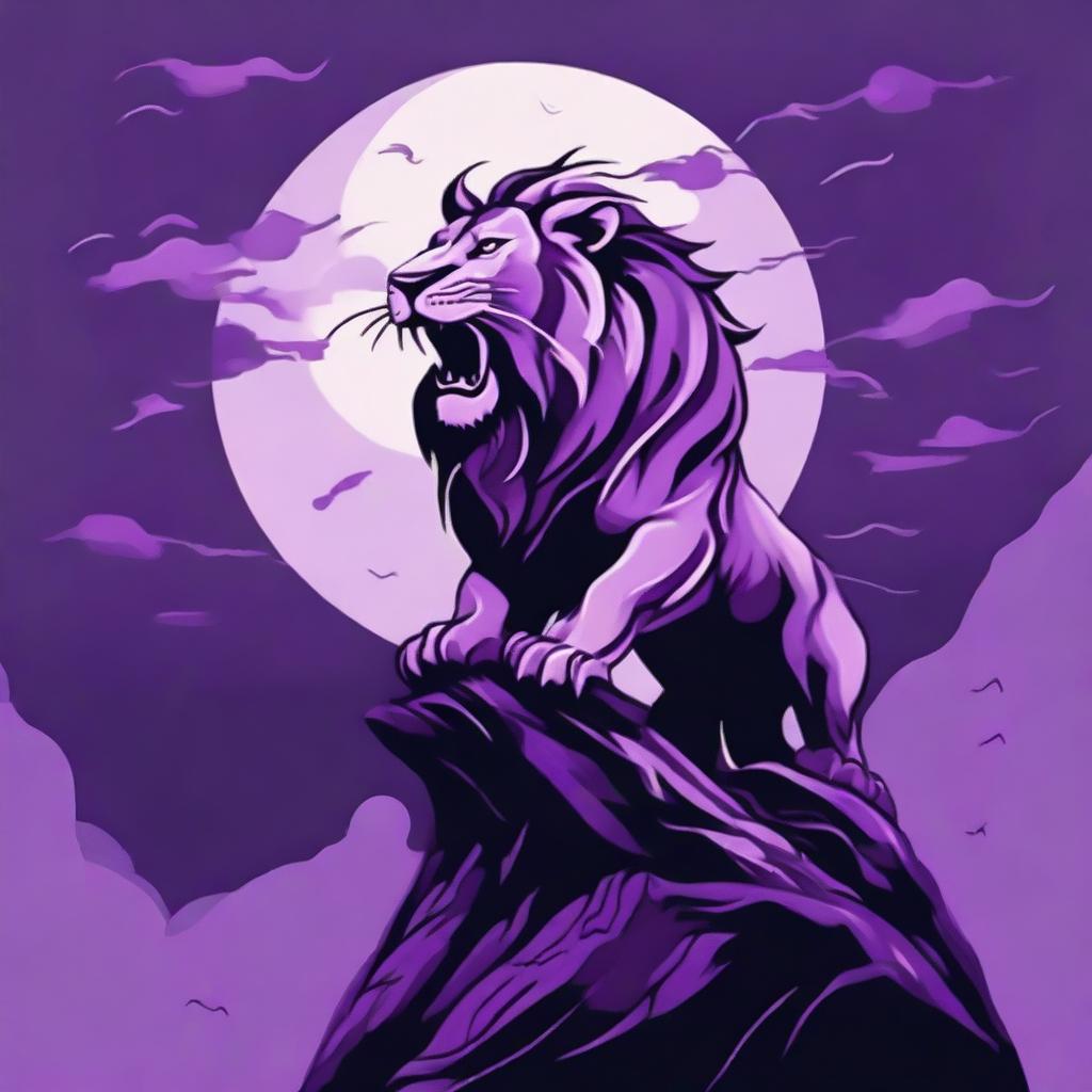 2D profile of a roaring lion in tattoo style on a cliff with a background of a stormy purple night sky featuring a full moon.