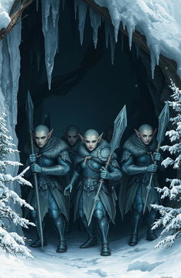 A group of armed snow elves emerging from the mouth of a cave, showcasing their intricate armor and weapons made of ice and silver