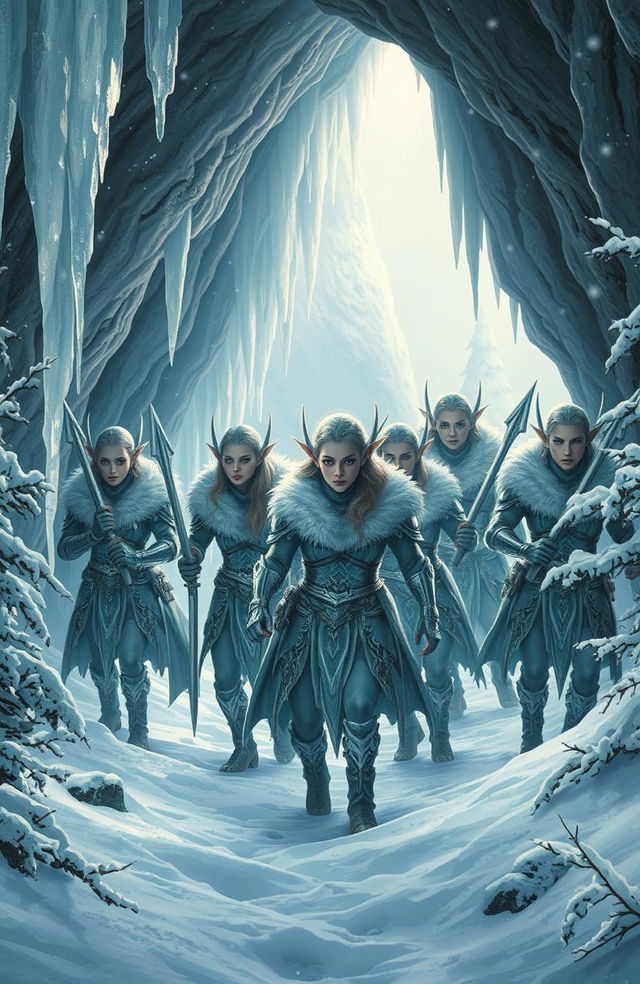 A group of armed snow elves emerging from the mouth of a cave, showcasing their intricate armor and weapons made of ice and silver