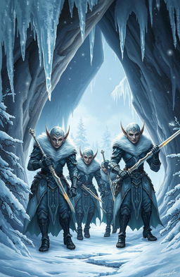 A group of armed snow elves emerging from the mouth of a cave, showcasing their intricate armor and weapons made of ice and silver