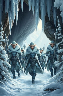 A group of armed snow elves emerging from the mouth of a cave, showcasing their intricate armor and weapons made of ice and silver