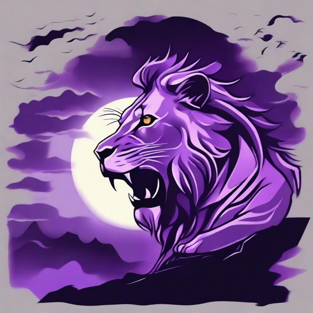 2D profile of a roaring lion in tattoo style on a cliff with a background of a stormy purple night sky featuring a full moon.