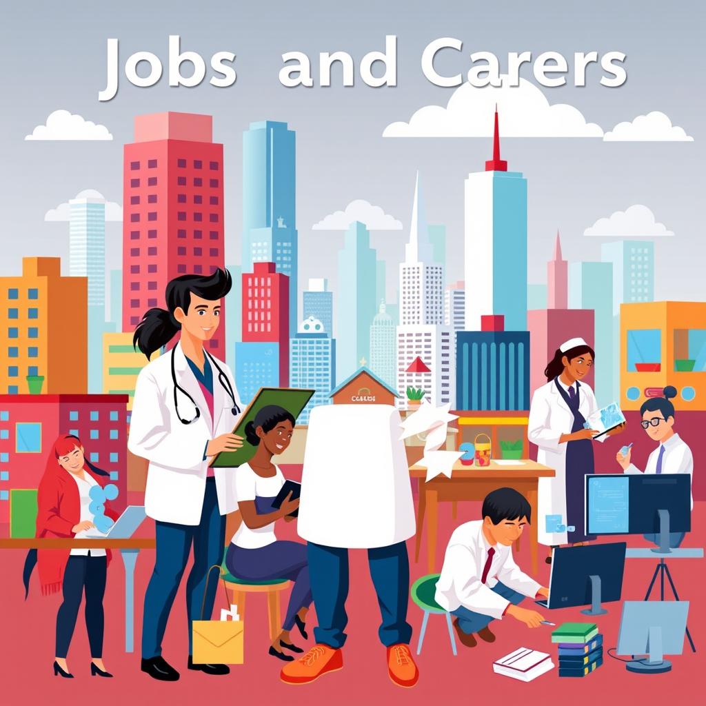 A visual representation of diverse jobs and careers in a vibrant city environment, showcasing people in various professions