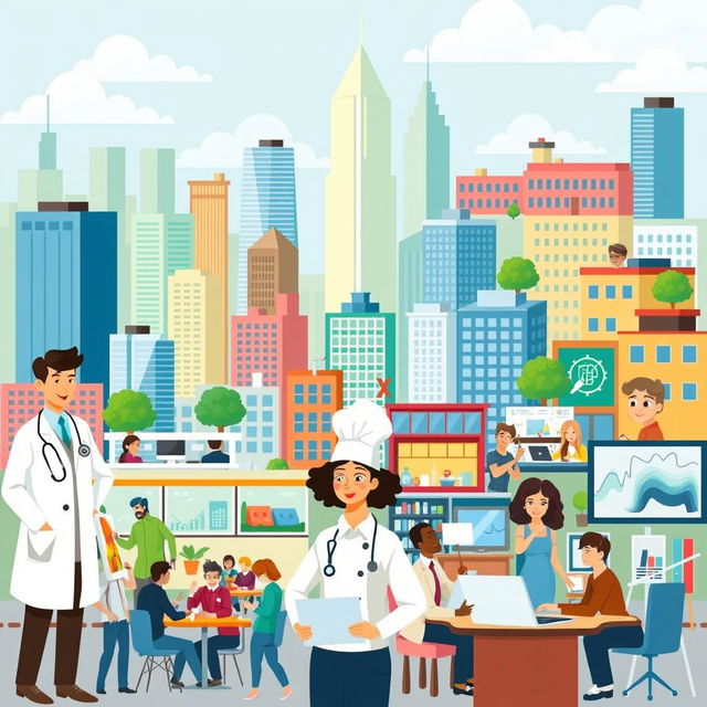 A visual representation of diverse jobs and careers in a vibrant city environment, showcasing people in various professions