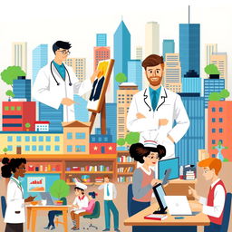 A visual representation of diverse jobs and careers in a vibrant city environment, showcasing people in various professions
