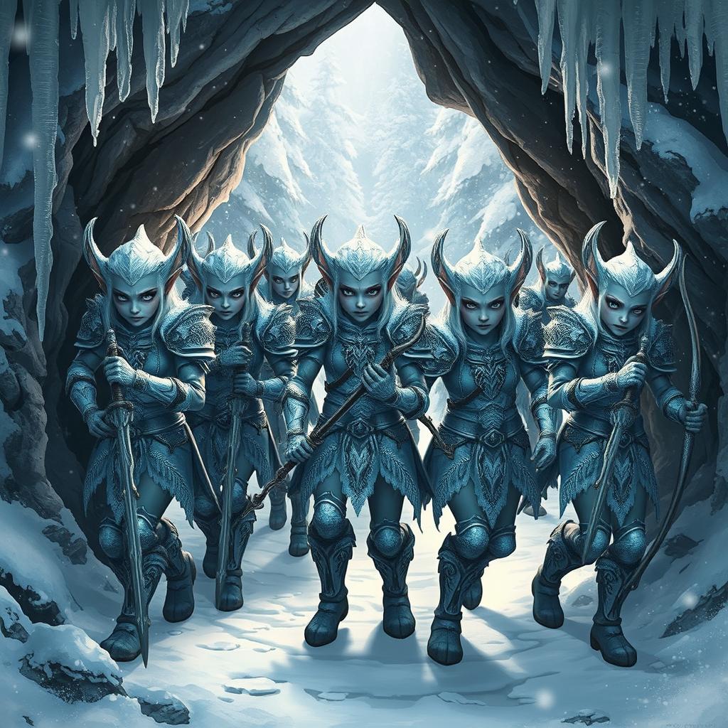 A group of armed snow elves stepping out of the cavern's mouth, adorned with beautifully crafted armor made of shimmering frost and silver accents