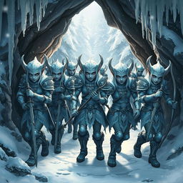 A group of armed snow elves stepping out of the cavern's mouth, adorned with beautifully crafted armor made of shimmering frost and silver accents