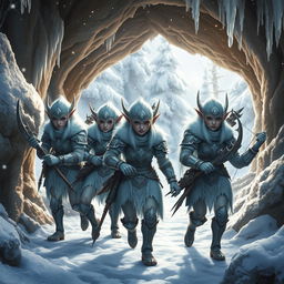 A group of armed snow elves stepping out of the cavern's mouth, adorned with beautifully crafted armor made of shimmering frost and silver accents