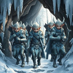 A group of armed snow elves stepping out of the cavern's mouth, adorned with beautifully crafted armor made of shimmering frost and silver accents