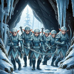 A group of armed snow elves stepping out of the cavern's mouth, adorned with beautifully crafted armor made of shimmering frost and silver accents
