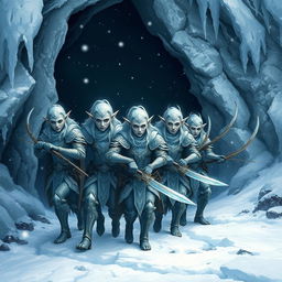 A formidable squad of armed snow elves exiting the yawning mouth of a cave, their majestic forms accentuated by intricately designed armor that glistens like frost