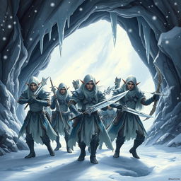 A formidable squad of armed snow elves exiting the yawning mouth of a cave, their majestic forms accentuated by intricately designed armor that glistens like frost