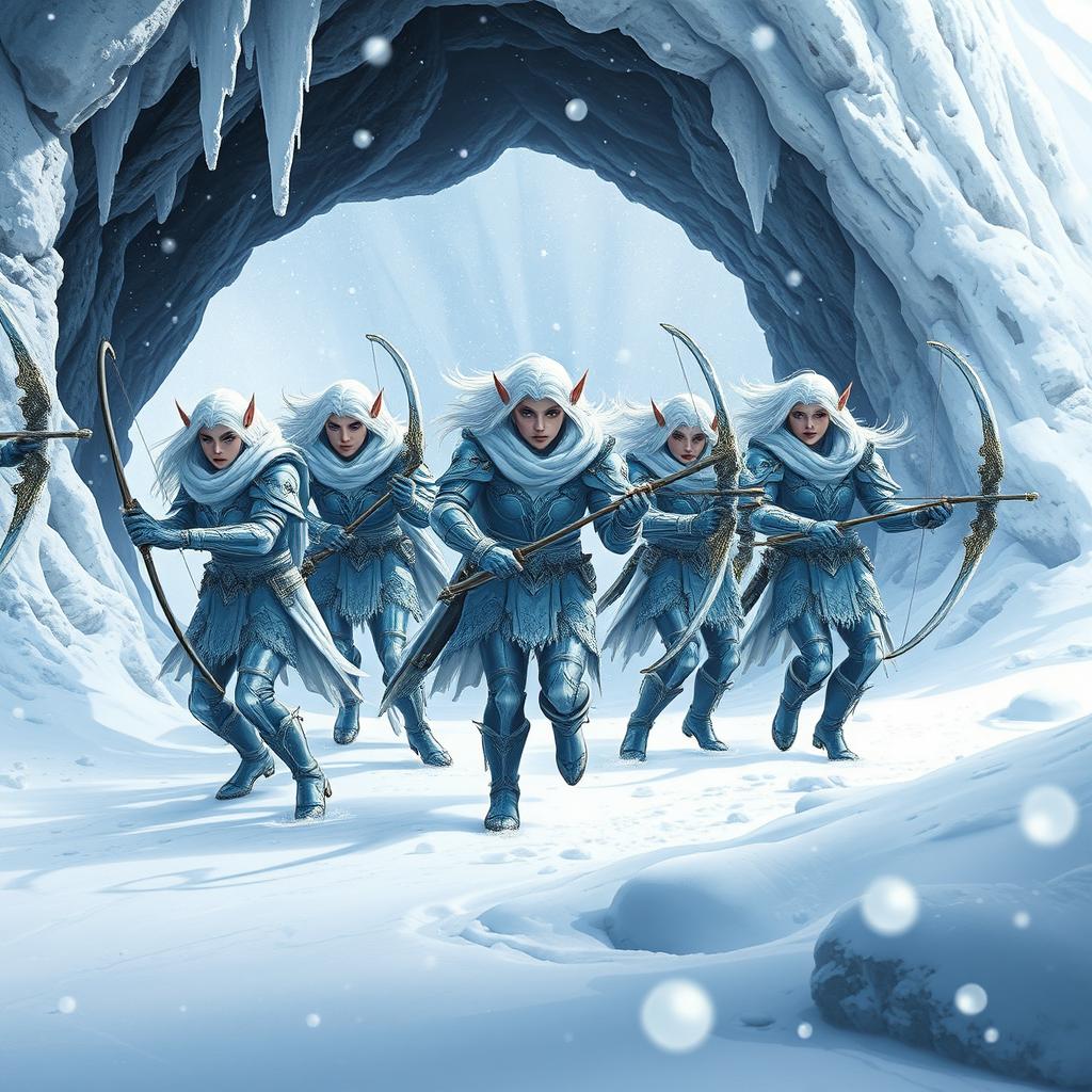 A formidable squad of armed snow elves exiting the yawning mouth of a cave, their majestic forms accentuated by intricately designed armor that glistens like frost