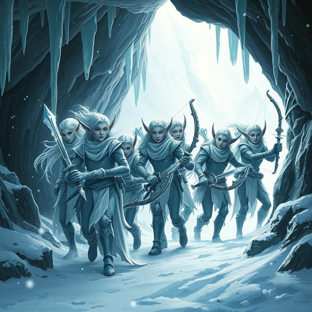 A formidable squad of armed snow elves exiting the yawning mouth of a cave, their majestic forms accentuated by intricately designed armor that glistens like frost