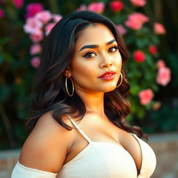 A beautiful curvy woman with large breasts, wearing a stylish outfit that accentuates her figure
