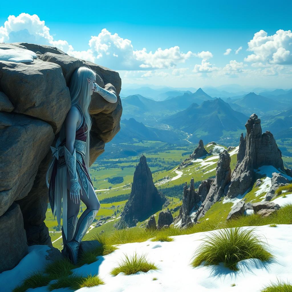 A snow elf leaning against the rocky wall of a cave entrance, gazing contemplatively from the summit of a mountain over lush green meadows below