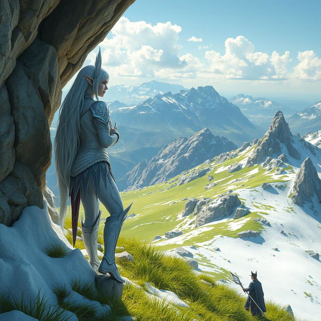 A snow elf leaning against the rocky wall of a cave entrance, gazing contemplatively from the summit of a mountain over lush green meadows below