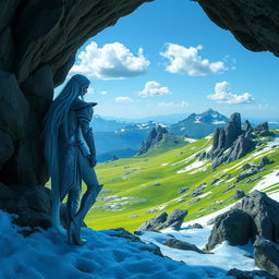 A snow elf leaning against the rocky wall of a cave entrance, gazing contemplatively from the summit of a mountain over lush green meadows below