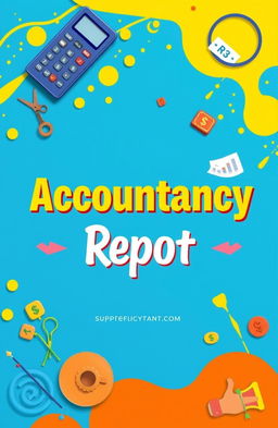 A colorful and vibrant cover page for an accountancy report, showcasing elements of finance such as calculators, balance sheets, and graphs in an artistic layout