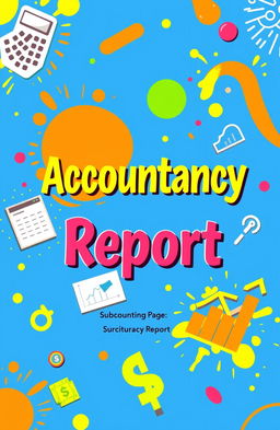 A colorful and vibrant cover page for an accountancy report, showcasing elements of finance such as calculators, balance sheets, and graphs in an artistic layout