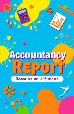 A colorful and vibrant cover page for an accountancy report, showcasing elements of finance such as calculators, balance sheets, and graphs in an artistic layout